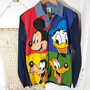 🌀 Disney Disneyland Multicolor 90s Polo Denin Mickey Gang Button Down Shirt XS